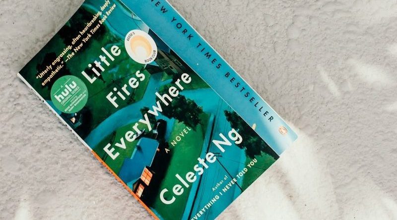 Novel 'Little Fires Everywhere' kept on a white surface.