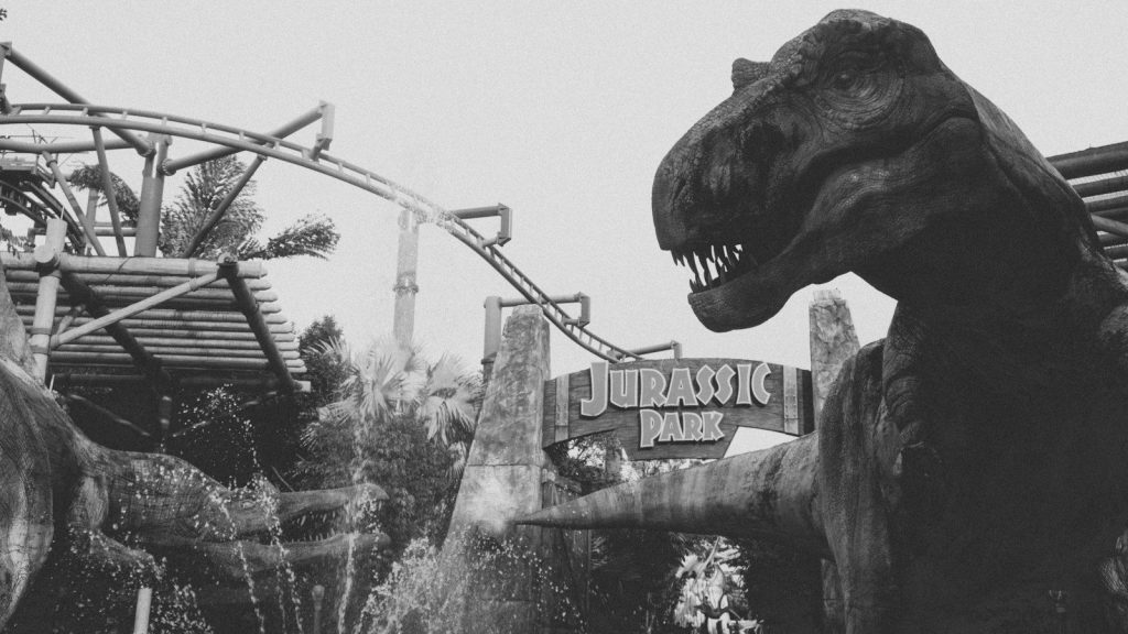 Jurassic Park with a dinosaur in the foreground.
