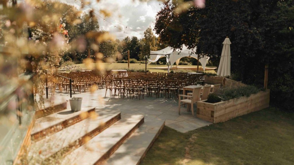 A view of an outdoor wedding venue.