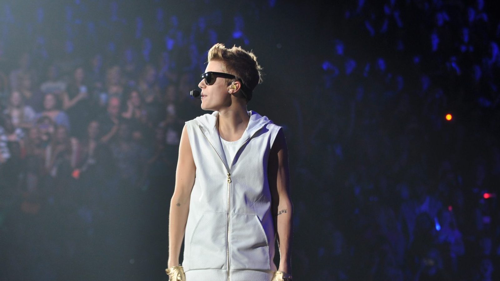 Justin Bieber performing at the live concert.