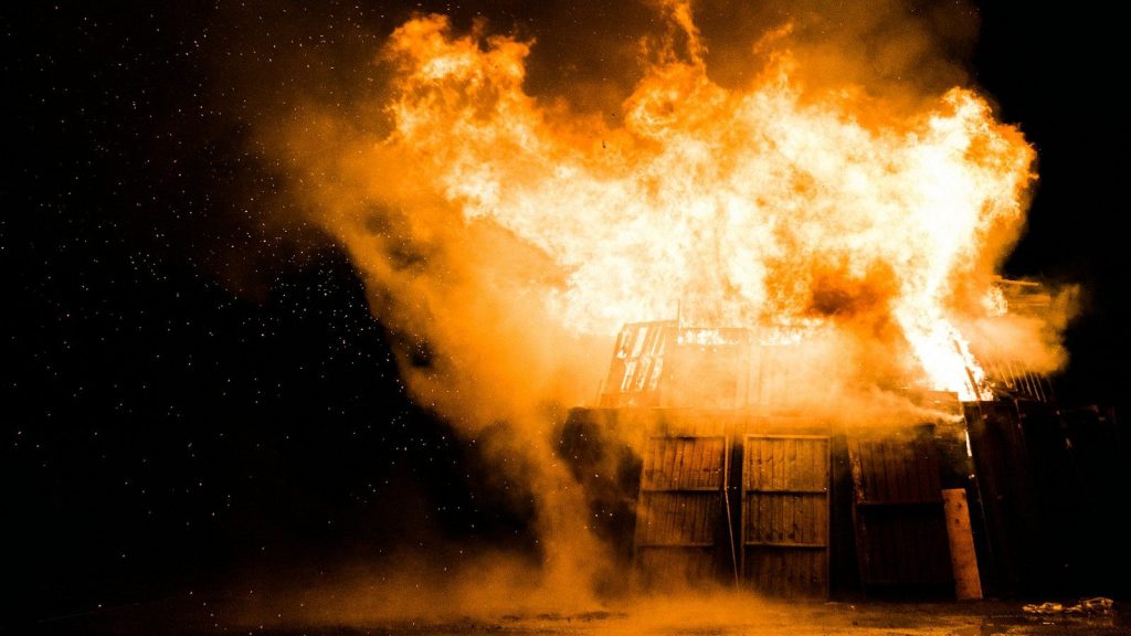 A burning building.