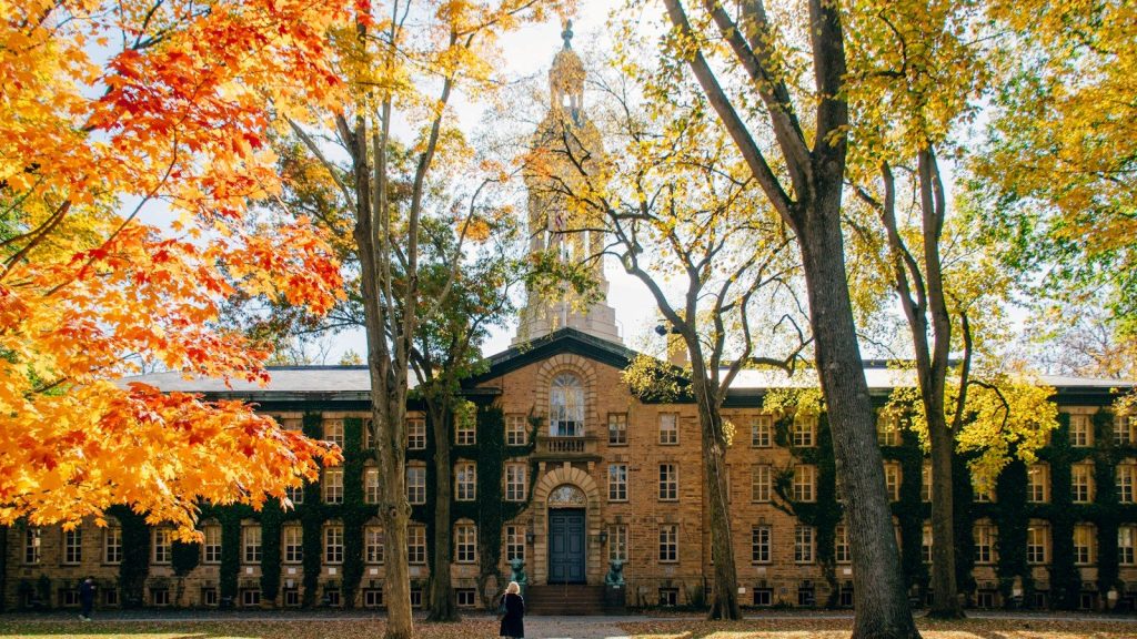 A person walking on a pathway in front of Princeton University.