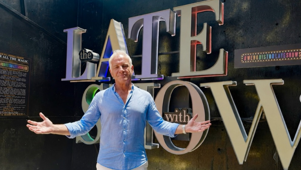 Jeff Douek with the Late Show sign.