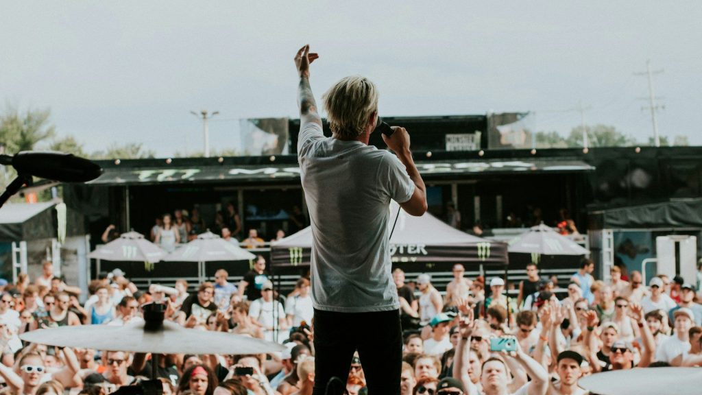 Singer performing for a large crowd at an outdoor concert.