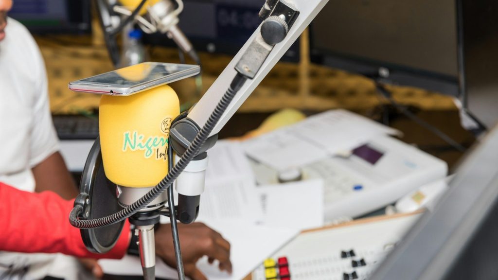 Radio studio microphone during a recorded interview.