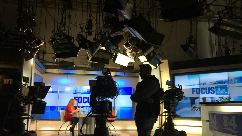 Broadcast studio prepared for a nationally televised interview.
