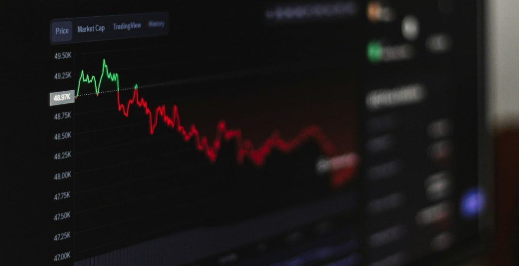 Downward-trending financial chart on a computer screen.
