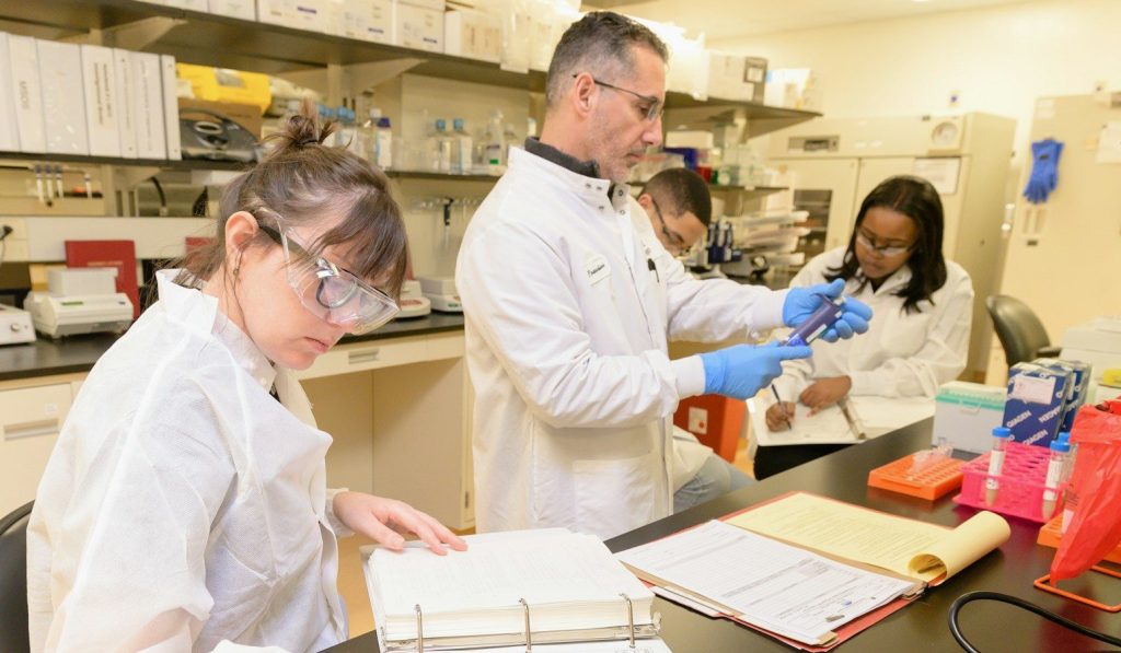 Scientists conducting medical research in a laboratory